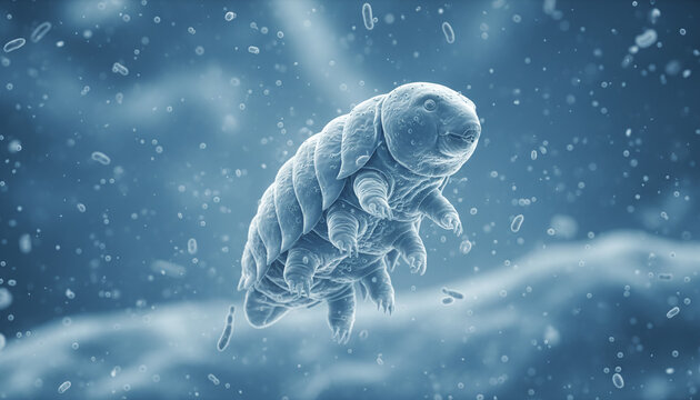 Microscopic tardigrade water bear in blue water environment 3D render
