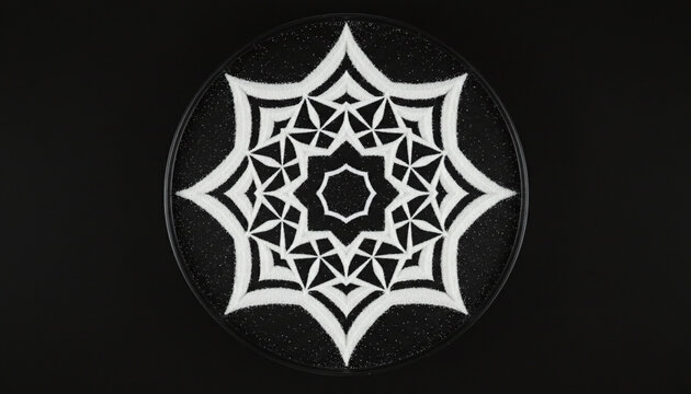 Geometric cymatics sound wave pattern in white sand on black plate