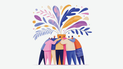 Diverse group of people standing together in unity and harmony with colorful floral elements