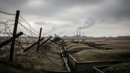 Stark landscape depicts a trench with barbed wire, and smokestacks against a moody sky