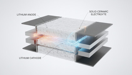 Solid state battery cross section with lithium layers and ceramic electrolyte