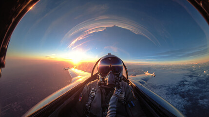 fighter pilot flying in jet cockpit during sunset above clouds