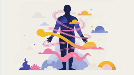 Person surrounded by swirling colorful clouds and abstract shapes
