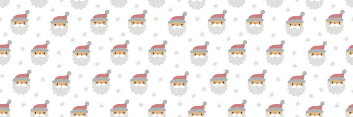 Cute Santa Claus faces create a seamless Christmas pattern with snowflakes and festive decorations on pink background, perfect for holiday wrapping paper or seasonal textile designs.