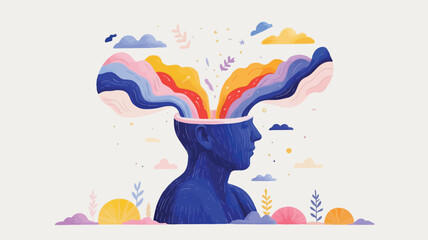 Vibrant illustration of a person's head with colorful thoughts and feelings emerging