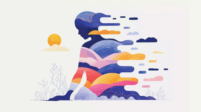 Vibrant illustration of a woman meditating in nature with colorful waves