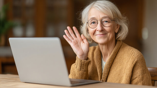 Elderly woman waving during video call for say hi day communication and connection - Powered by Adobe