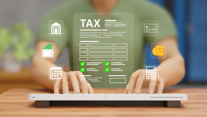 Online Tax Form, Tax Calculation, Compliance, Digital Forms, Income Reporting, Accounting Management, and Secure Tax Management. User Filling TAX from using Laptop. 3D Illustration