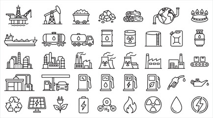 Energy Industry Line Icon Set. Fossil Fuel, Nuclear, and Renewable Green Energy Sources