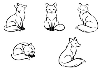 Fototapeta premium Hand drawn line art fox set featuring various sitting and sleeping poses for animal themed designs