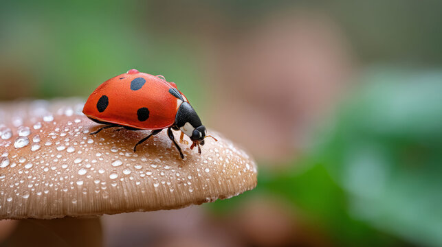 Ladybug exploring mushroom cap with dew drops in nature - Powered by Adobe