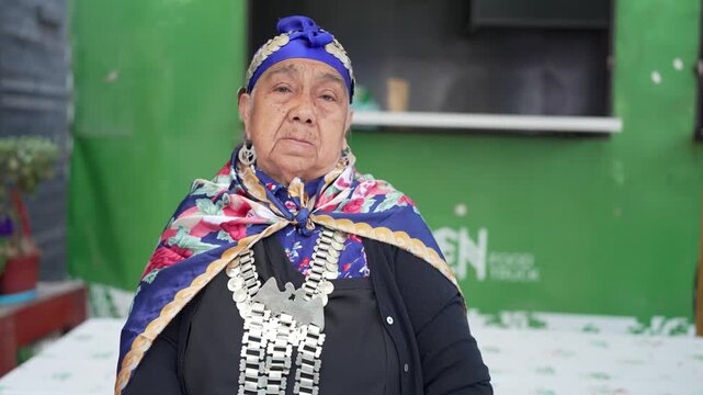 Elderly mapuche woman wearing traditional clothing and silver jewelry looking at the camera
