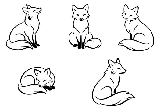 Hand drawn line art fox set featuring various sitting and sleeping poses for animal themed designs