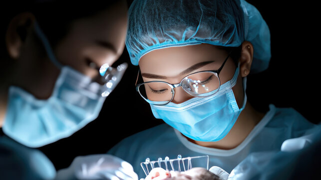 surgeon performing operation in modern operating room with surgical team and medical equipment - Powered by Adobe