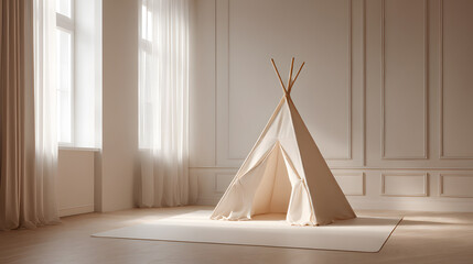 Cozy Teepee in Bright Interior: A charming teepee tent creates a sense of peaceful hideaway in a sunlit room, complemented by soft curtains and minimalist decor.