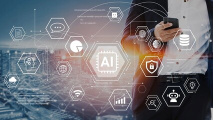 Man in Business Suit Holding Smartphone with AI Technology Icons and Cityscape Background Representing Future of Digital Innovation and Connectivity Gluon.