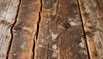 Top view - old aged wooden surface, cracked wood, traces of time, scratches, faded areas, vintage style, natural shades, high detail, realistic texture