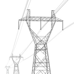 High voltage transmission systems. Electric pole. Power lines. Energy pylons. Black outlines image on white background. A network of interconnected electrical. Vector design illustration