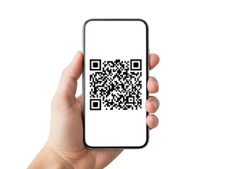 Hand holding smartphone displaying qr code