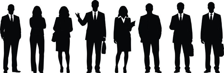 Black silhouettes of business people standing white background
