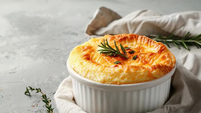 Freshly baked souffle in white ramekin with rosemary on gray background
