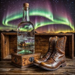 Leather boots and whiskey bottle on wooden table under northern lights  