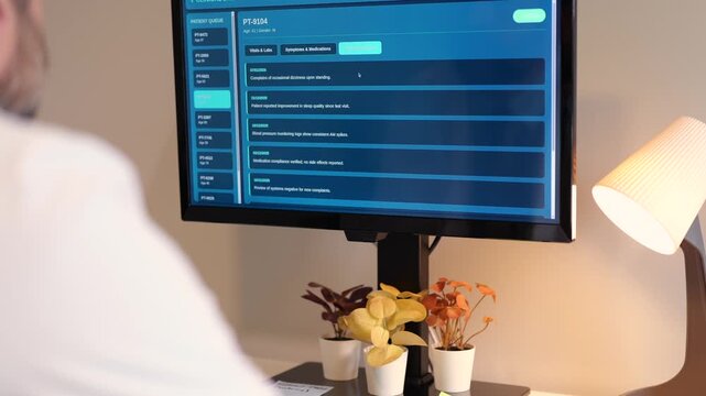 Middle-aged male doctor in home office reviews patient EMR dashboard with AI-assisted notes, vitals, labs, and visit summaries on monitor concept