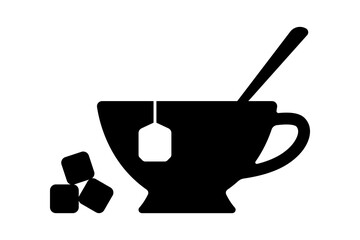 Teacup with spoon and sugar icon. Black silhouette. Front and side view. Vector simple flat graphic illustration. Isolated object on a white background.