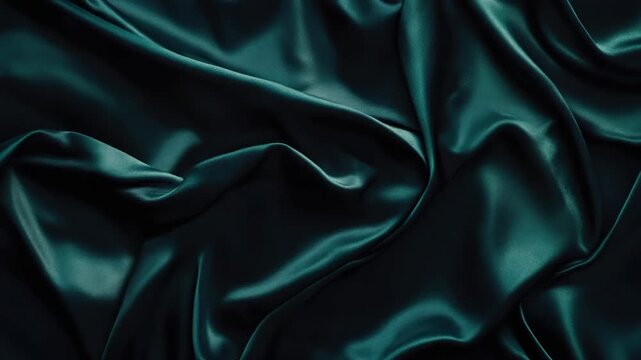Close up of dark green satin fabric with ruffles and folds, soft texture.