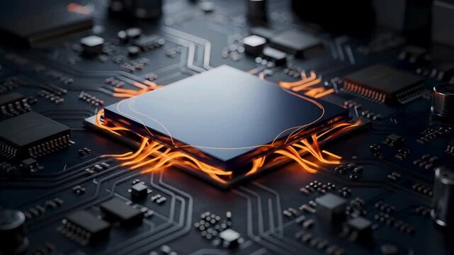 Glowing processor animation video on dark circuit board with orange energy lines, data computing, electronic hardware, artificial intelligence systems, futuristic technology background