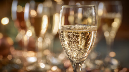 Sparkling golden champagne flutes filled with bubbly effervescent wine set for a festive celebration in soft warm light background