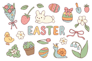 Easter kawaii cartoon elements collection for stickers, planners, stationery, social media visuals, signs, kids apparel decor, cards, banners, etc. EPS 10