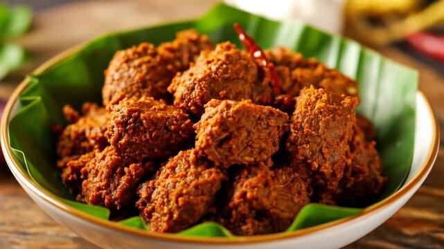 Spicy beef chunks served on green leaf.