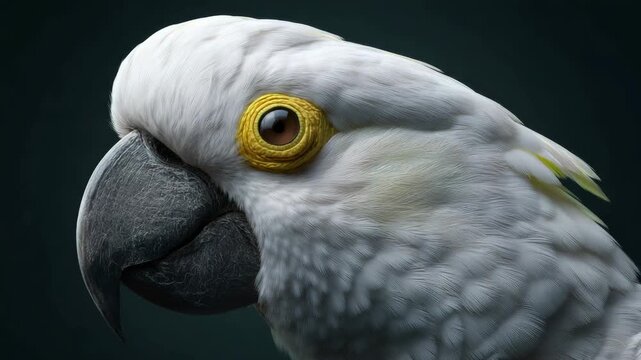 Close up of a white parrot with vibrant yellow eyes and black beak, set against dark background.