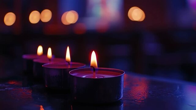 A scene of devotion featuring a row of lit candles.