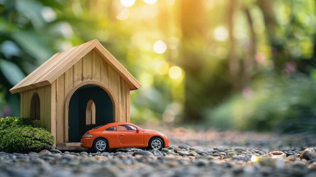 Tiny red car parked by miniature wooden house in lush garden setting