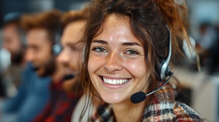 Smiling call center agent with headset in busy office providing friendly customer support