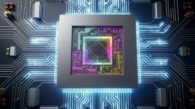 Futuristic processor animation video with colorful microchip on circuit board showing artificial intelligence, data computing, quantum technology, high tech digital background