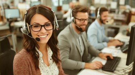 Smiling call center team member with headset in busy office, delivering friendly customer support today.
