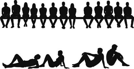 Black silhouettes of people sitting on bench and lying down on white background © Obaidul Vector Zoon