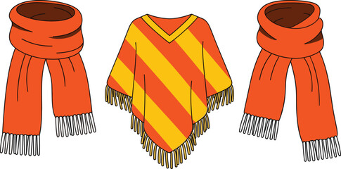 Orange scarves and striped shawl yellow