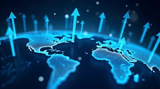 World map animation video with rising arrows showing global business growth, international trade, digital economy, corporate expansion, financial data technology background
