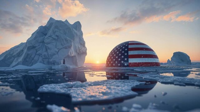US flag sphere sinking near Greenland ice, symbolizing geopolitical conflict and tension
