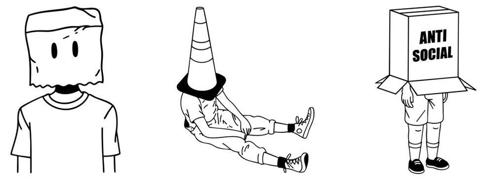 Socially isolated people with hidden faces wearing bags, cones and boxes, feeling like outsiders labeled as antisocial, social awkwardness, rejection and stigma, , not fitting in and being 