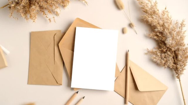 Stationary mockup with envelopes and reeds.