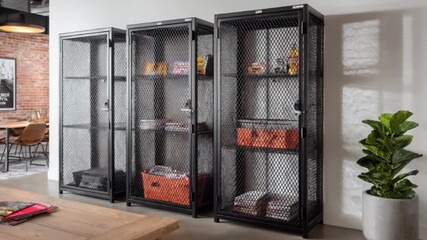 Locked cabinets securely store various marketing collateral emphasizing safety and order in a welllit promotional materials storage area.
