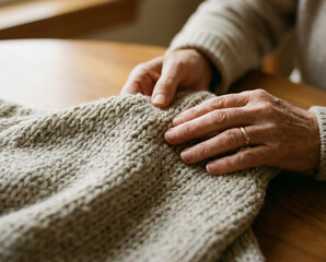 Close up of hands touching soft fabric texture