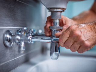 Skilled plumber tightening a chrome pipe connection under a sink in a modern bathroom with detailed focus on hands and plumbing fixtures during repair work