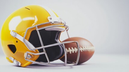 A yellow football helmet sits next to a brown leather football on a white surface. The helmet has a face mask and a chinstrap.