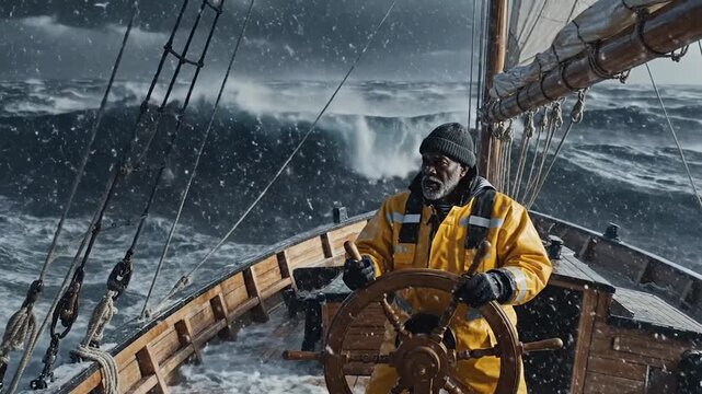 Bearded man in yellow gear steers a wooden sailing ship through a furious, snowy sea storm